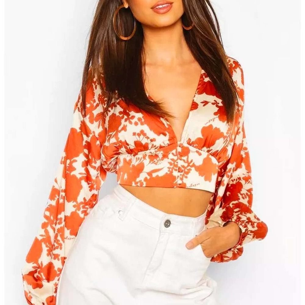 Boohoo Orange Floral Tie-Front Crop Top